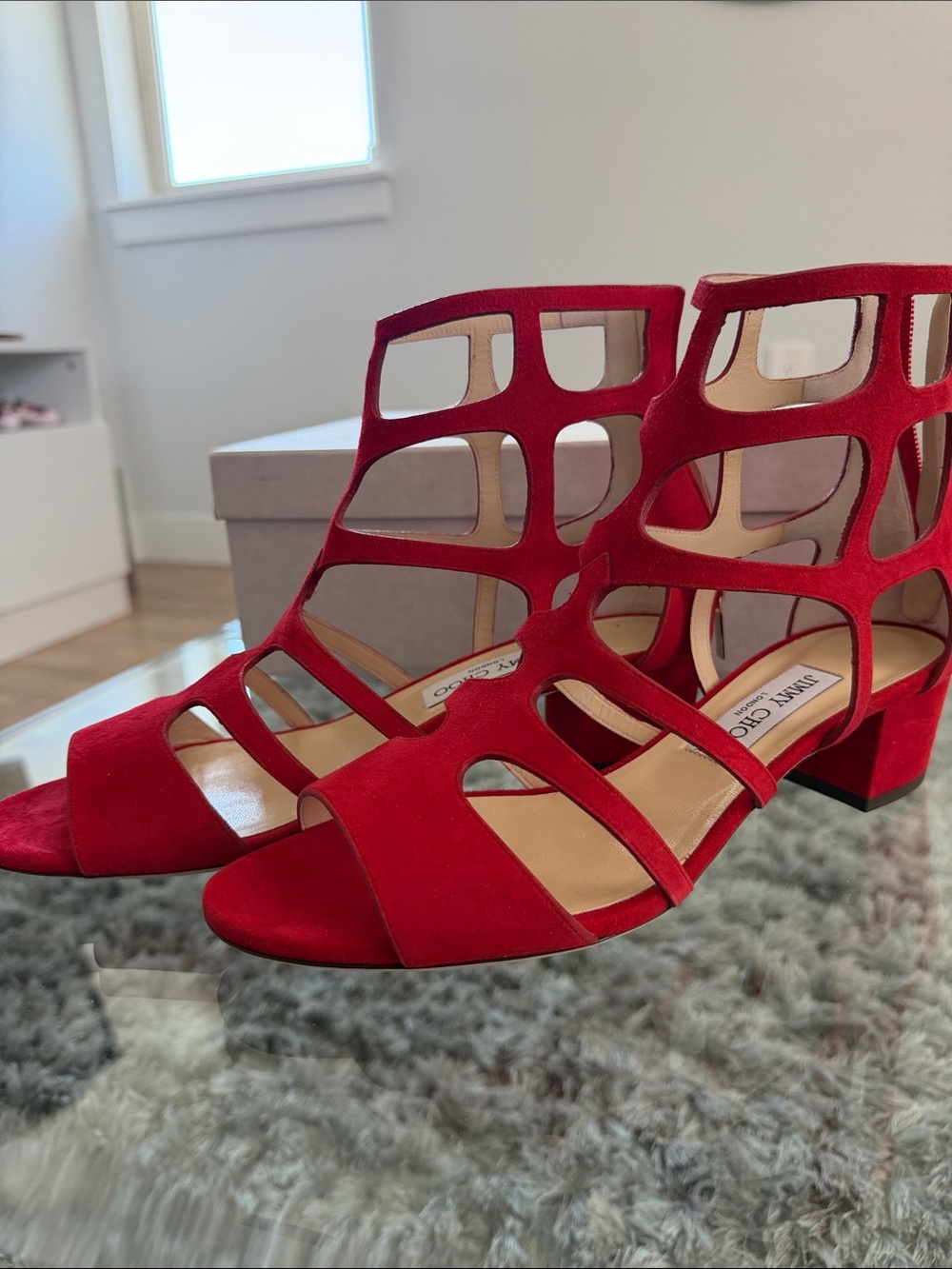 Jimmy Choo Red Suede Cutout Block Heel Sandals